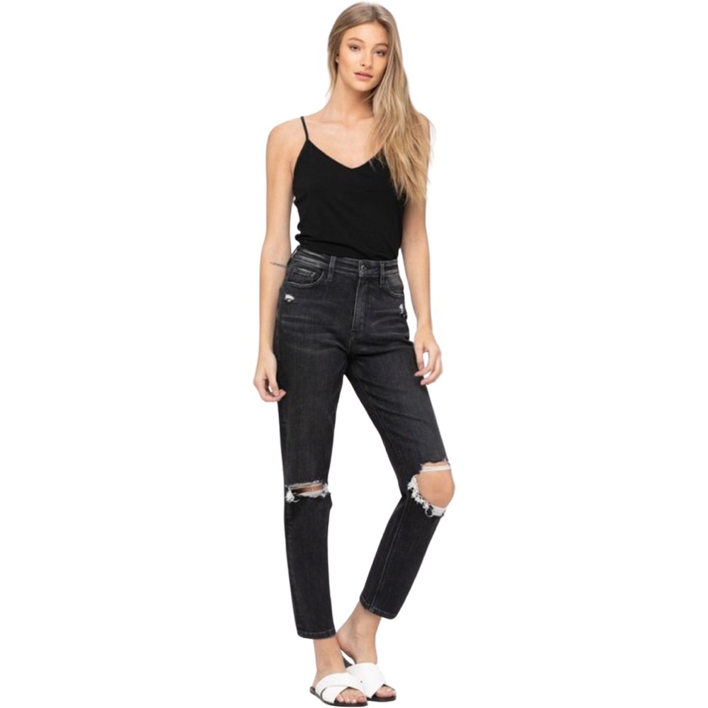 VERVET DISTRESSED BLACK STRETCH MOM JEAN DENIM JEANS PANTS